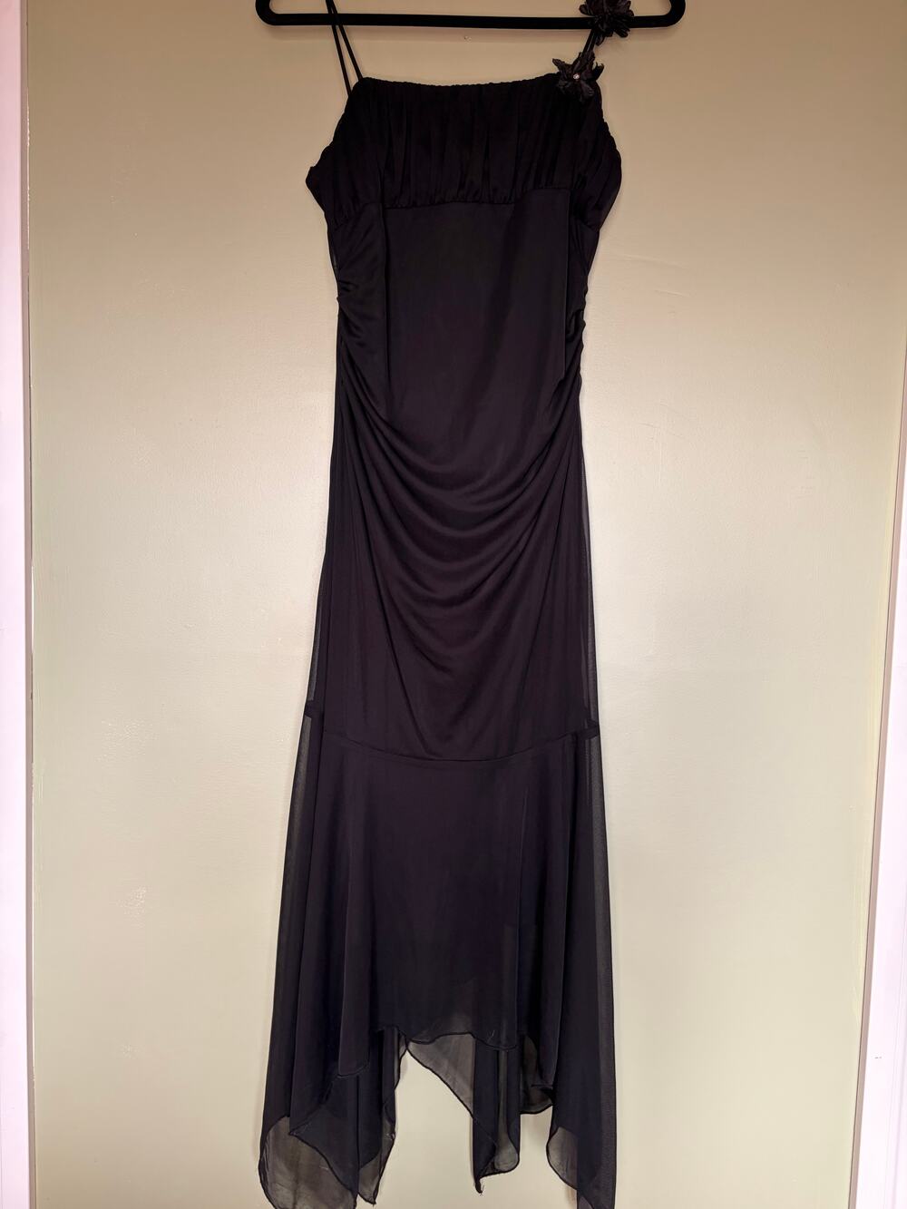 Whimsigoth Datk Fairy Black Y2K Asymmetrical Floral Ruched Handkerchief Maxi Dre